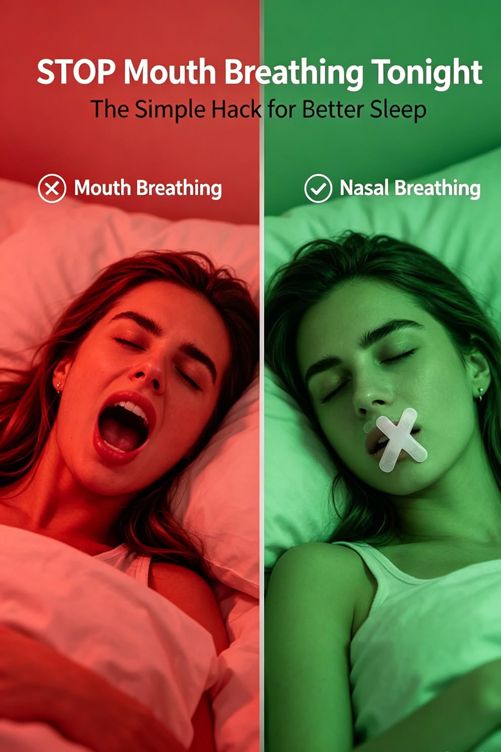 Infographic comparing nasal breathing benefits vs mouth breathing risks for sleep and anxiety. Visual guide referencing Huberman Lab mouth tape technique showing increased oxygen and lower cortisol levels.