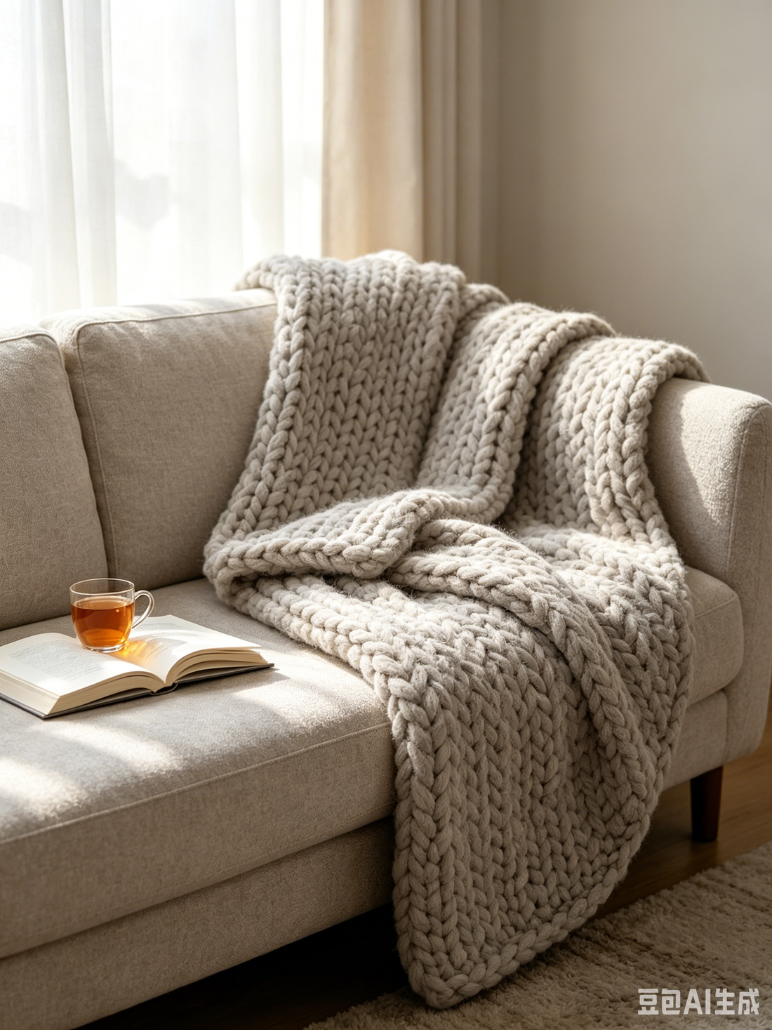 Cozy living room sofa draped with a chunky knit weighted blanket in neutral tones, creating a calming sensory sanctuary for anxiety relief.