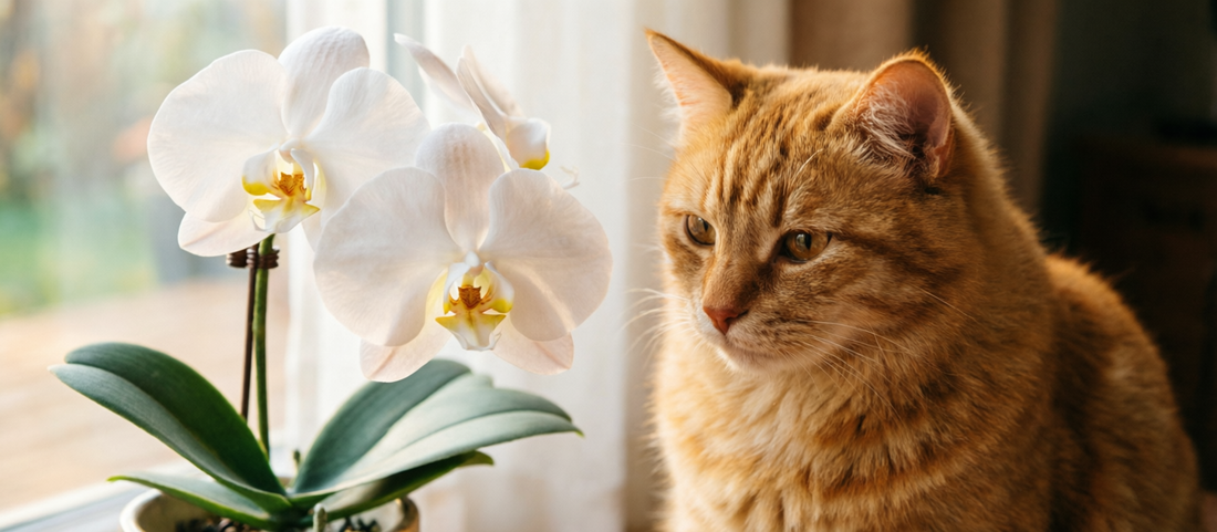 Orange cat sitting next to realistic white artificial butterfly orchid in glass vase, pet safe home decor
