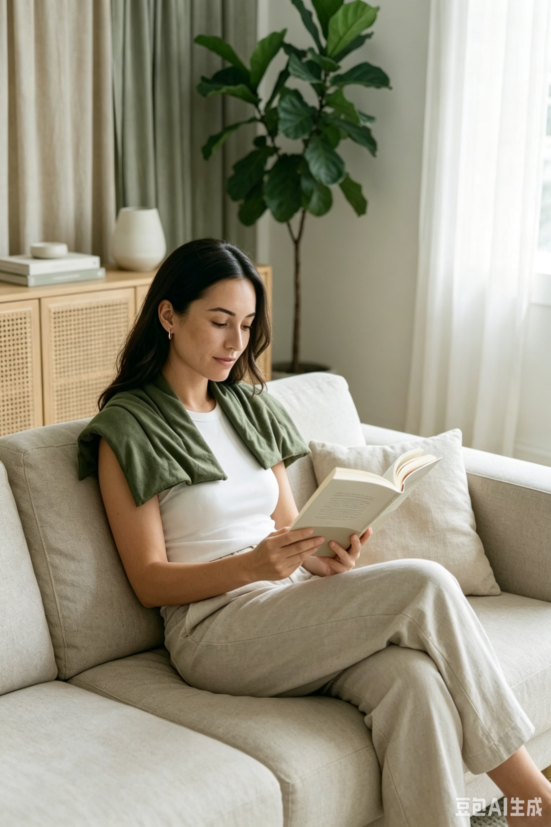 Woman wearing a weighted shoulder wrap for anxiety relief and focus