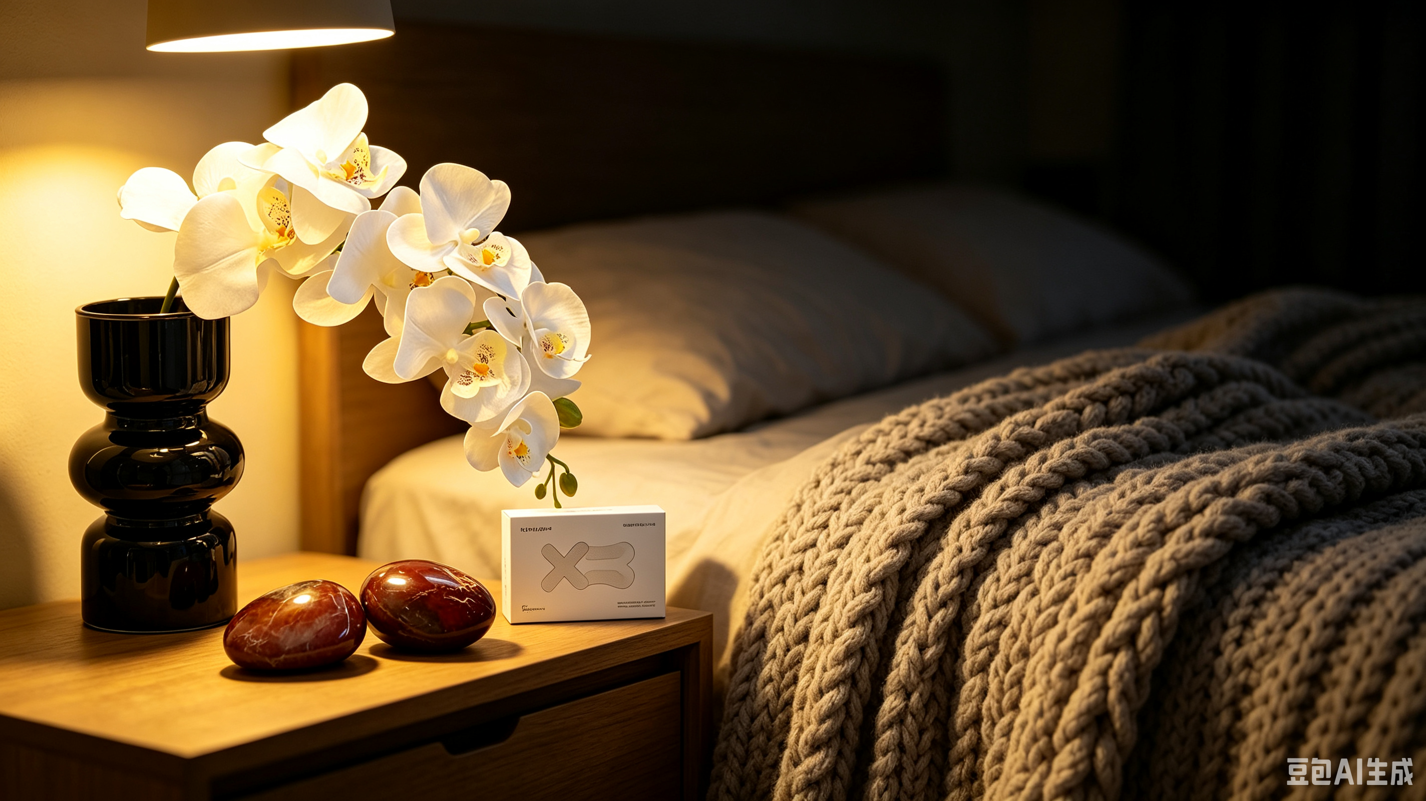 Cozy bedroom nightstand setup with realistic orchid, petrified wood stone, and chunky knit weighted blanket for ADHD bedtime routine.