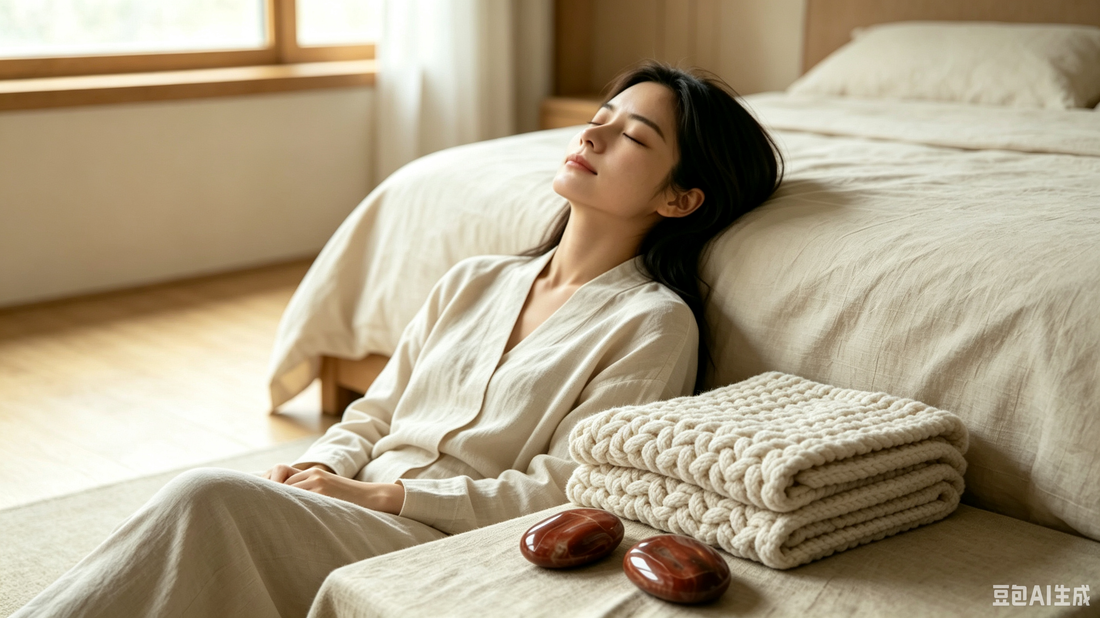 Person relaxing with eyes closed, using sensory tools like weighted blanket and grounding stone to relieve sensory overload and anxiety.