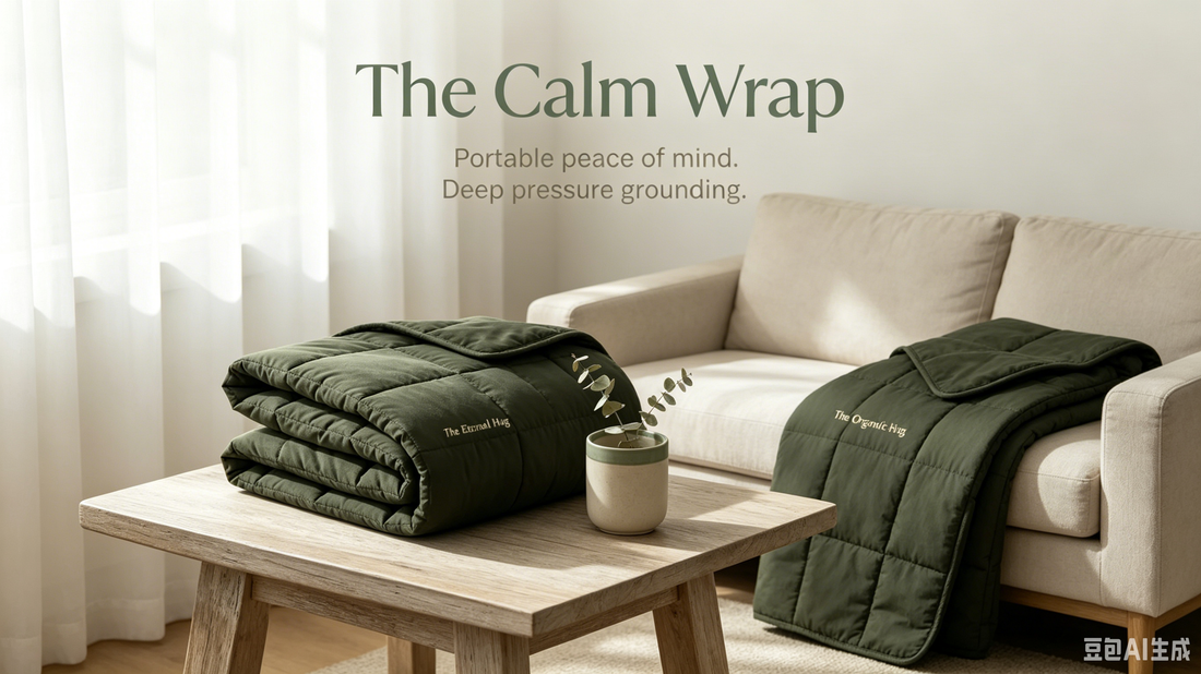 Cozy living room setup featuring Vivera Living sensory tools including weighted blanket, petrified wood stone, and wooden timer for anxiety relief and focus.