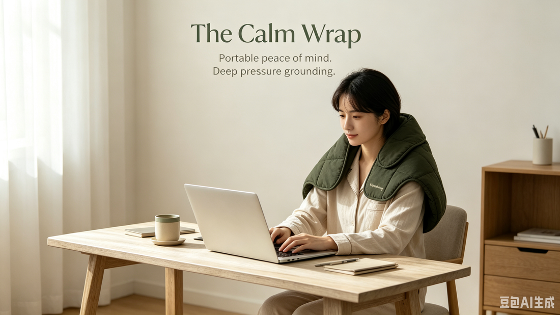 Person working at a minimalist desk wearing The Calm Wrap weighted shoulder pad, showing relief for tech-neck and office anxiety.