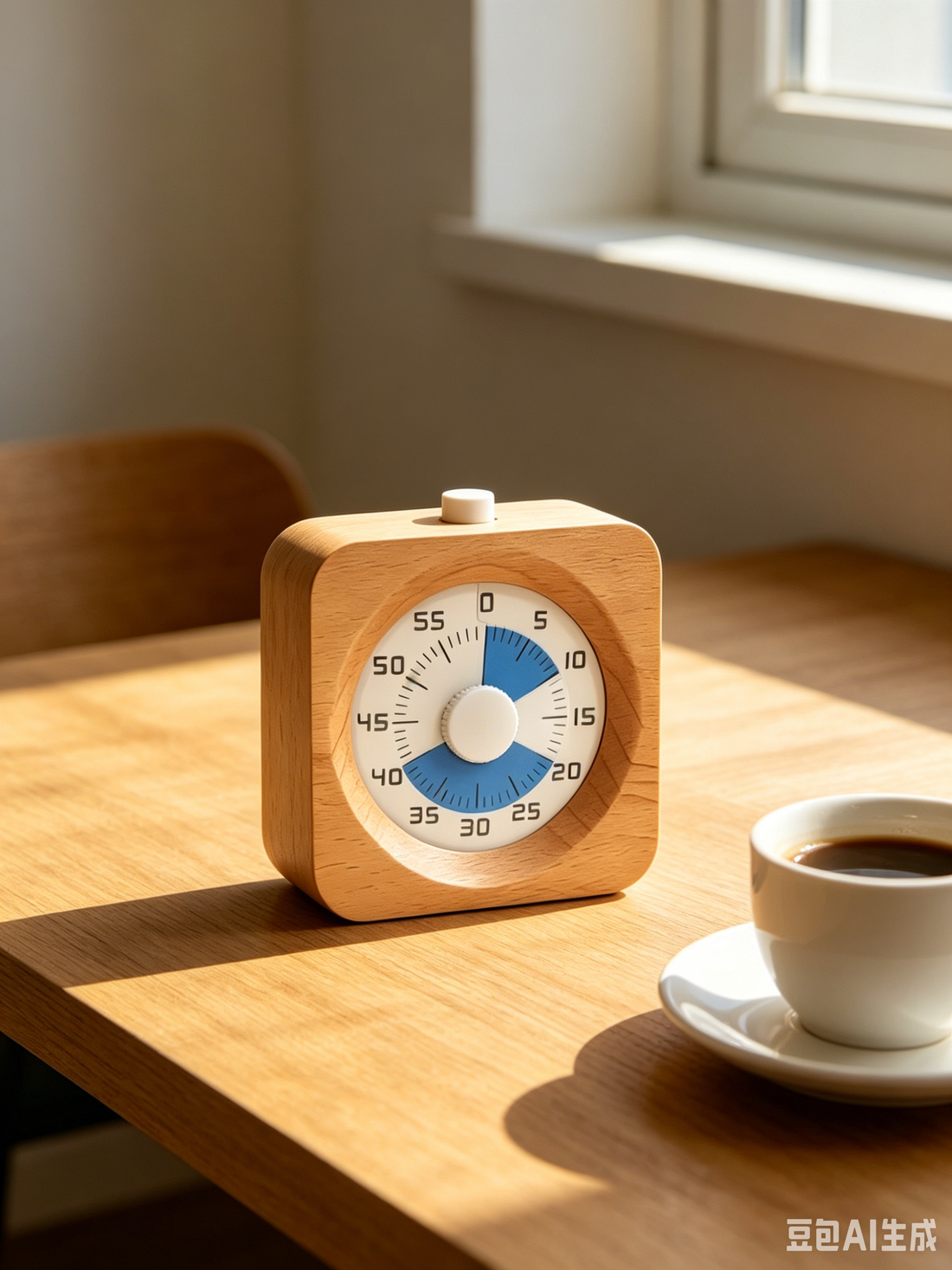 Minimalist wooden desk with a natural wood visual timer for ADHD focus and time blindness, bathed in warm sunlight.