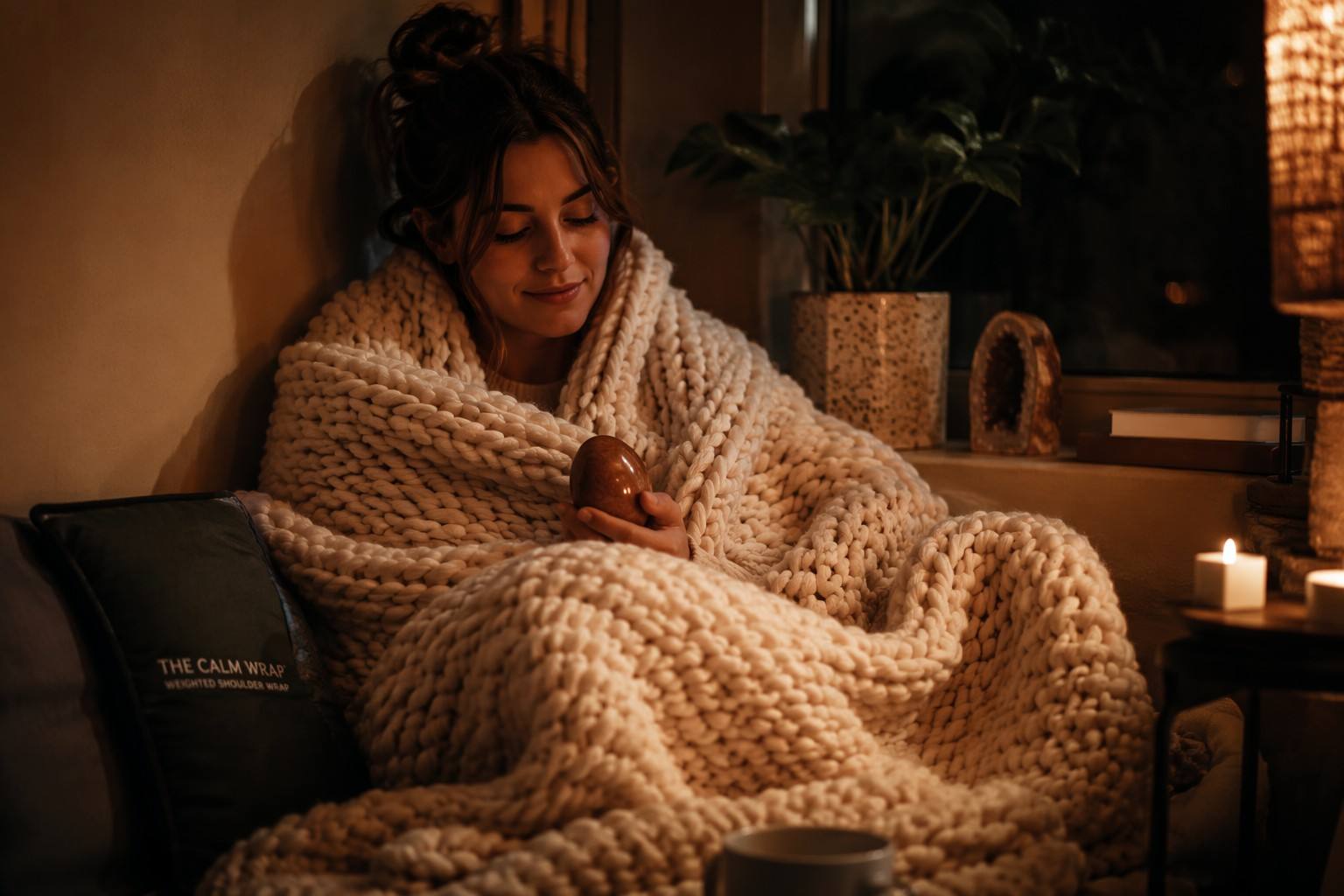 Self-regulation sanctuary for sensory shutdown featuring weighted blanket and mahogany grounding stone - Vivera Living
