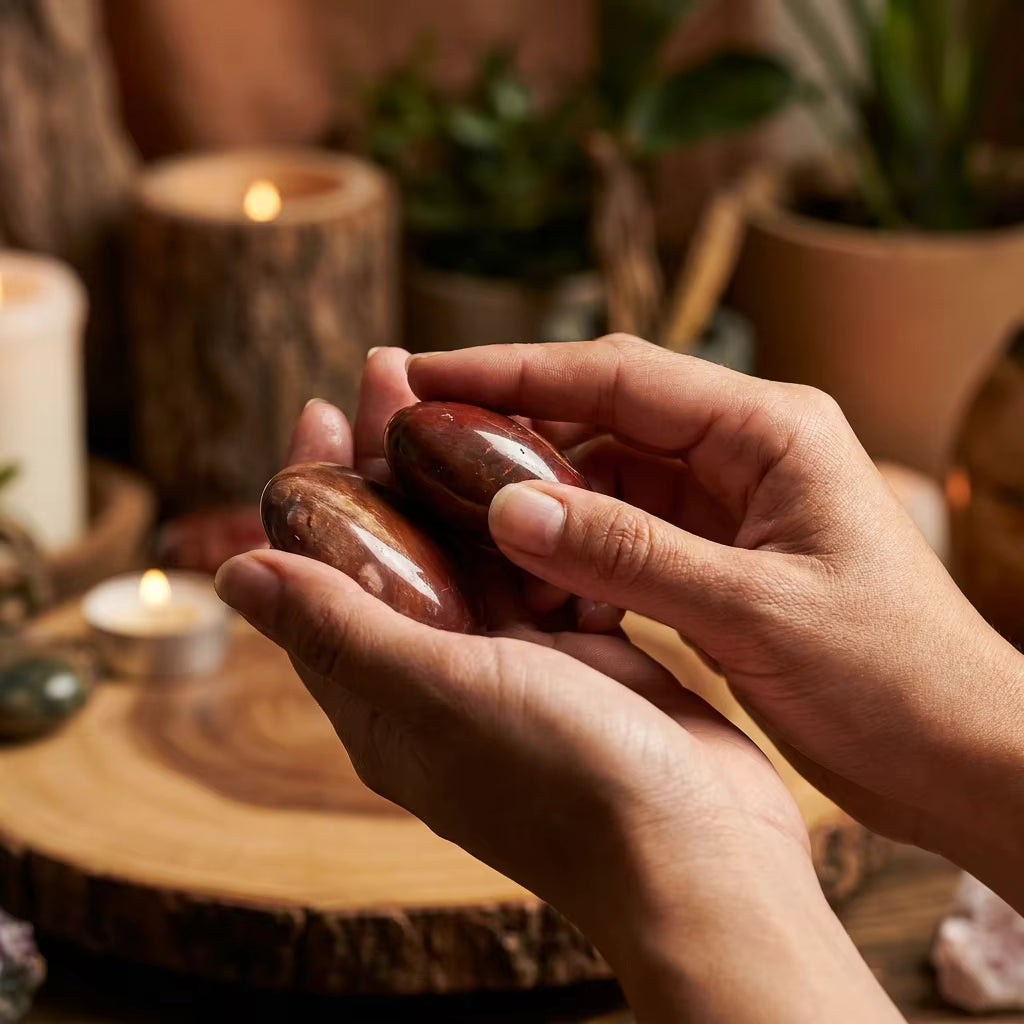 Hand holding a smooth weighted petrified wood stone for anxiety relief