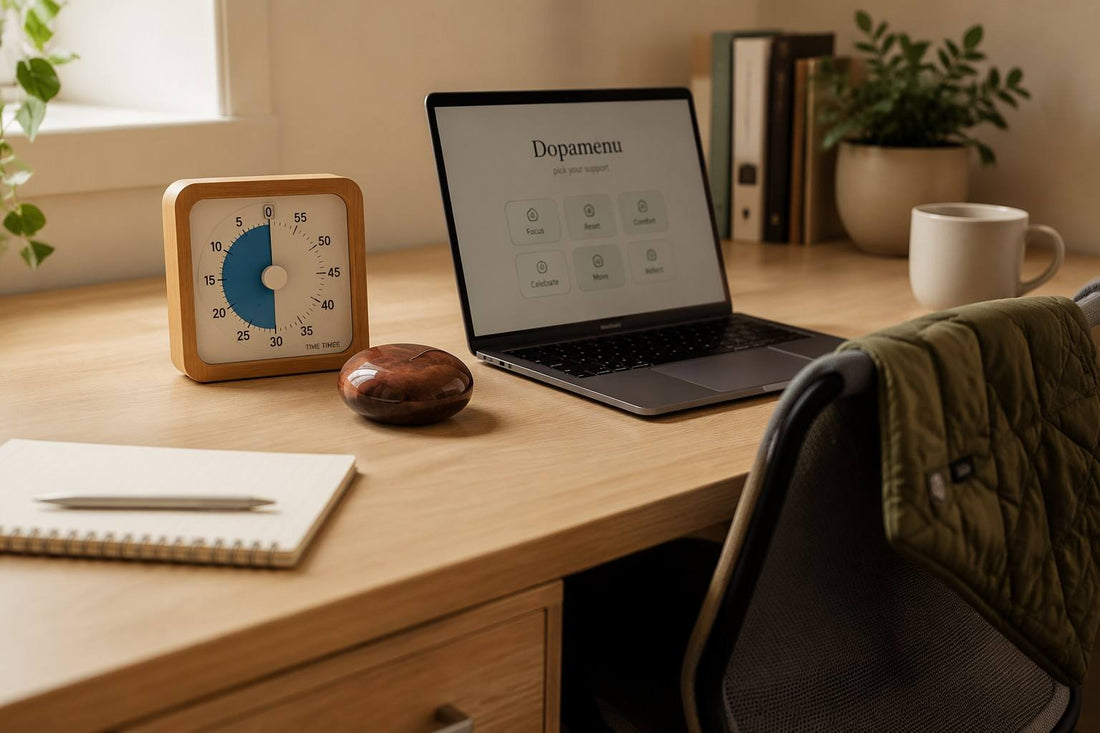 ADHD Dopamenu workspace essentials with wooden visual timer and mahogany petrified wood palm stone - Vivera Living