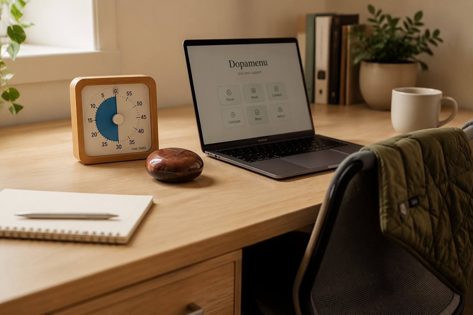 ADHD Dopamenu workspace essentials with wooden visual timer and mahogany petrified wood palm stone - Vivera Living