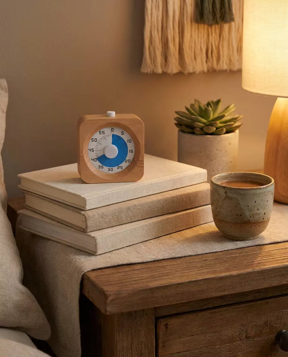 Minimalist wooden visual timer for ADHD focus on a desk