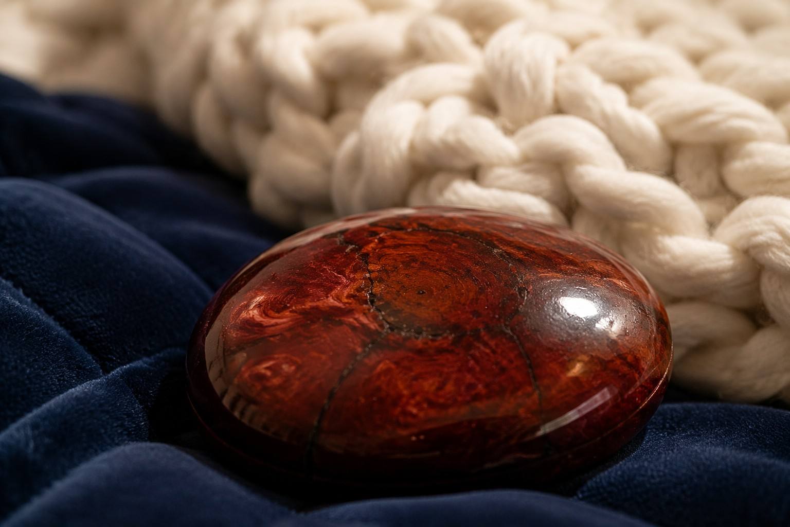 Macro detail of high-quality mahogany petrified wood and organic chunky knit weighted blanket by Vivera Living