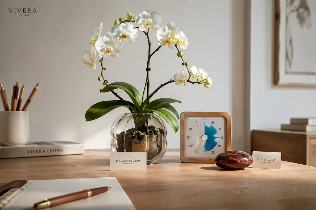 Minimalist white butterfly orchid in glass vase for neurodivergent visual rest - Vivera Living