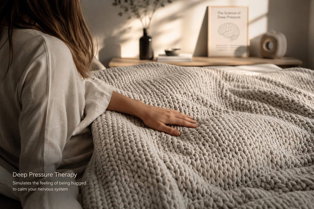 Chunky knit weighted blanket for deep pressure therapy science - Vivera Living The Organic Hug