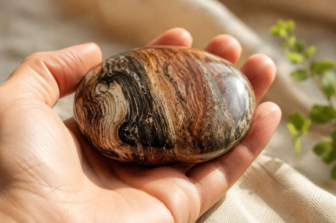 Close-up of a hand holding a polished petrified wood grounding stone for anxiety relief - Vivera Living The Eternal Hug