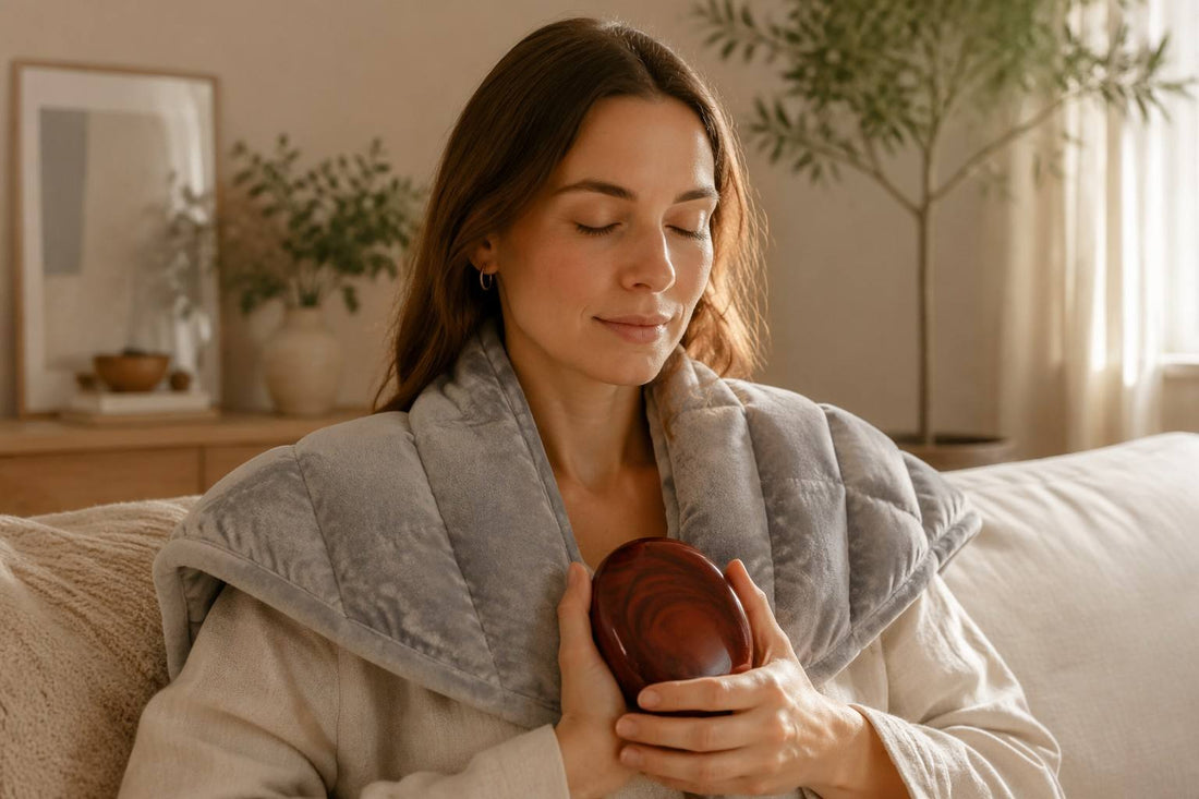 Highly Sensitive Person (HSP) peaceful moment with light grey weighted shoulder wrap and mahogany petrified wood palm stone - Vivera Living