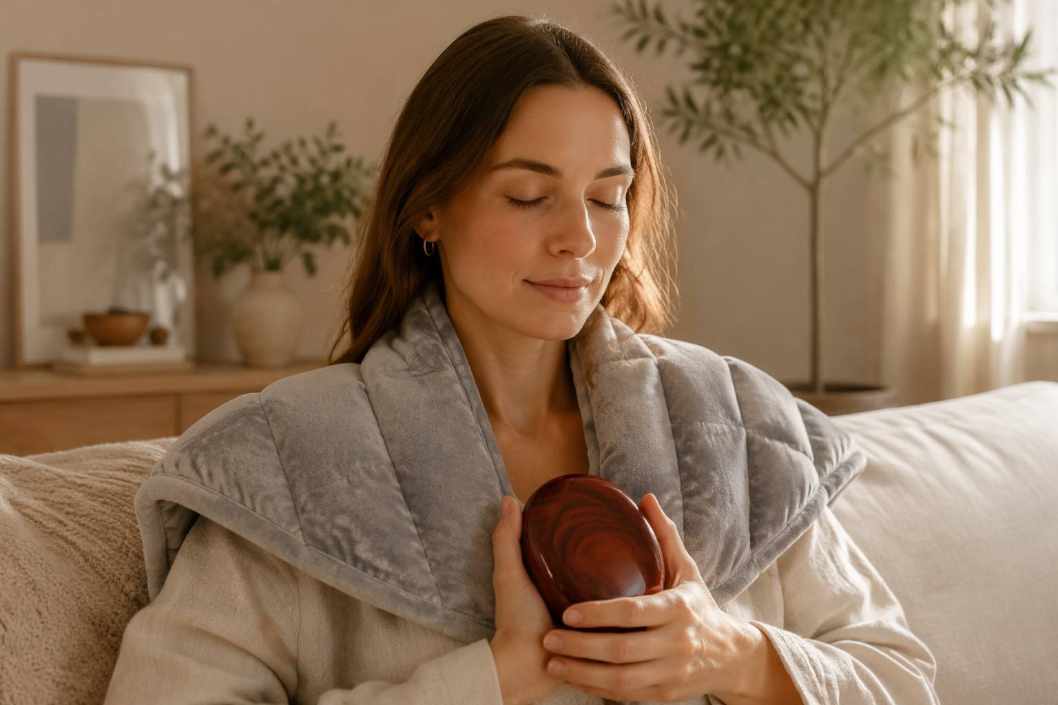 Highly Sensitive Person (HSP) peaceful moment with light grey weighted shoulder wrap and mahogany petrified wood palm stone - Vivera Living