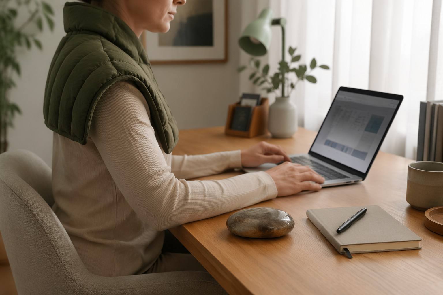 Minimalist neuro-inclusive home office with army green weighted shoulder wrap and petrified wood palm stone for focus - Vivera Living