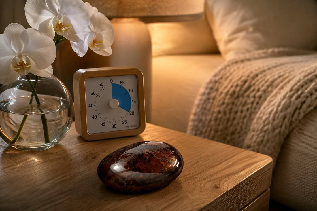 A curated sensory-friendly nightstand with a wooden timer, petrified wood stone, and artificial orchid - Vivera Living