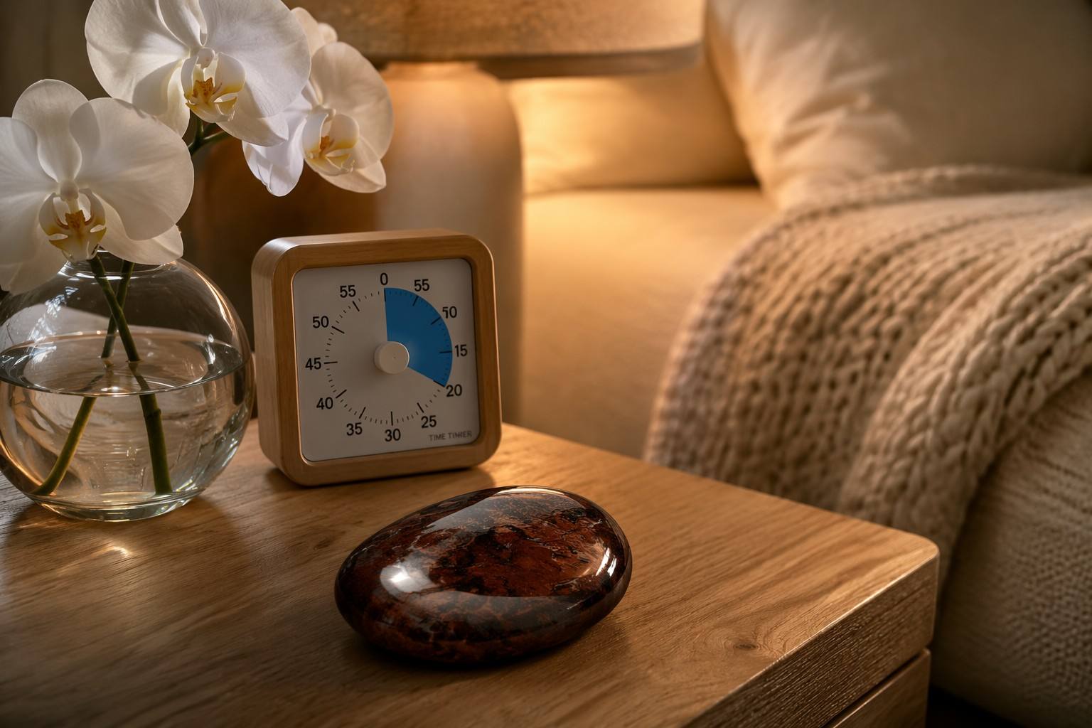 A curated sensory-friendly nightstand with a wooden timer, petrified wood stone, and artificial orchid - Vivera Living