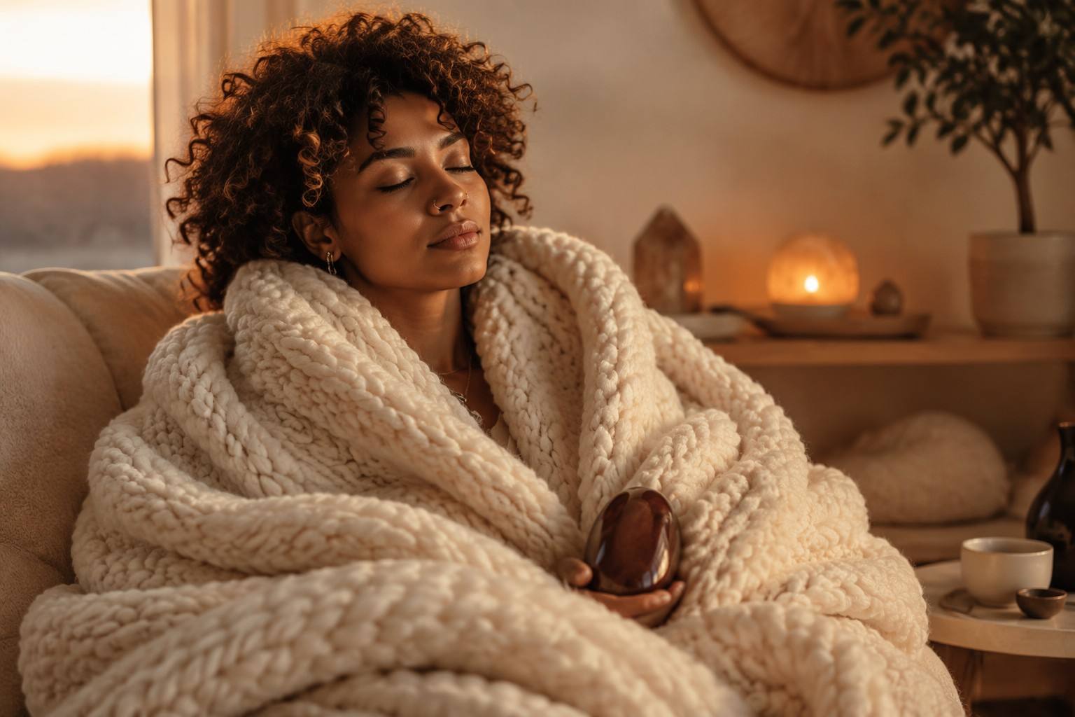 Neurodivergent burnout recovery with cream weighted blanket and mahogany petrified wood palm stone - Vivera Living
