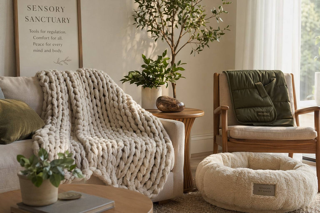 Complete neuro-inclusive sensory sanctuary collection featuring weighted blankets, shoulder wraps, and calming pet beds - Vivera Living