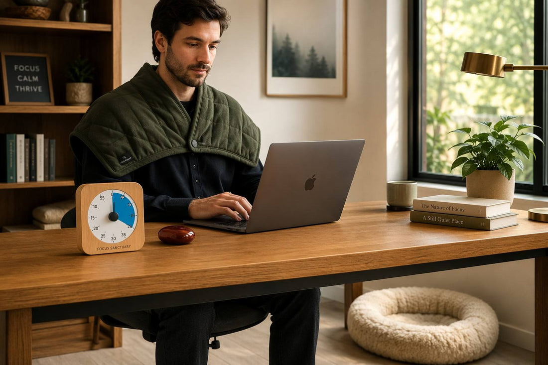 Neuro-inclusive desk setup with visual timer, weighted shoulder wrap, and petrified wood grounding stone - Vivera Living