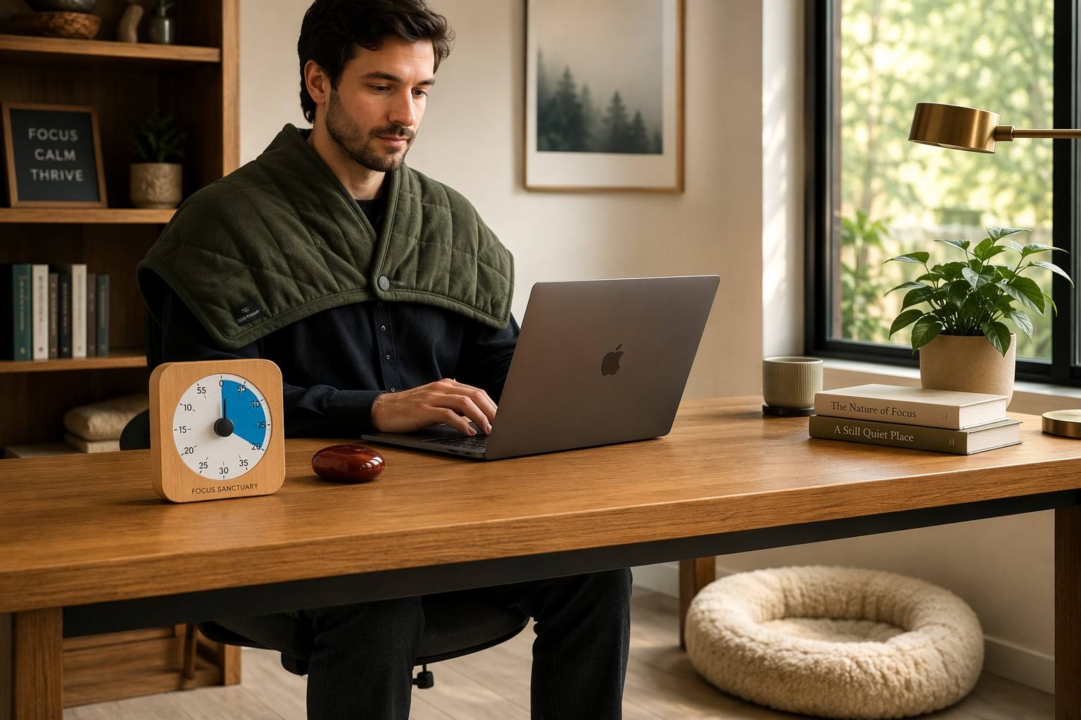 Neuro-inclusive desk setup with visual timer, weighted shoulder wrap, and petrified wood grounding stone - Vivera Living